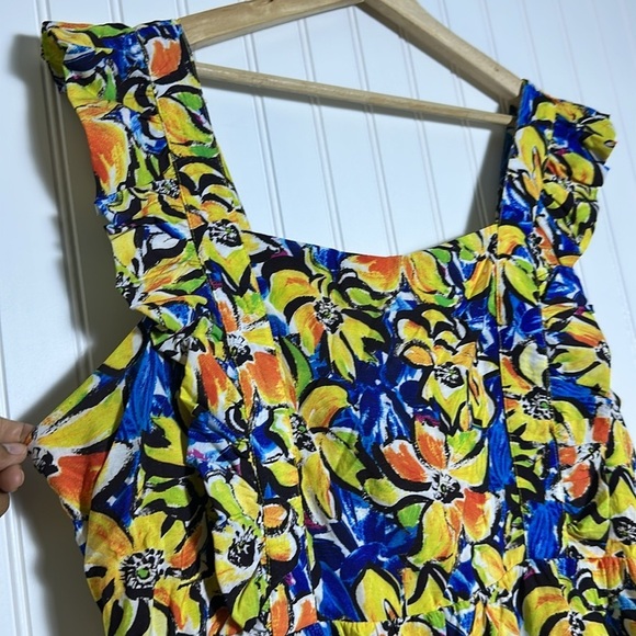 Skies are Blue Curvy, Size 1X floral Midi  dress, lined smoked Back ruffle trim - Picture 11 of 13